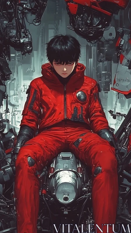 Young man in red flight suit sits amid dense machinery