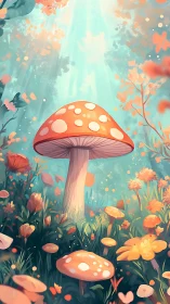 Digital painting of luminous forest toadstool in vertical frame.