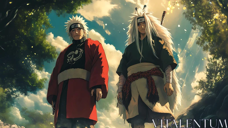 Legendary ninja warriors stand united under forest light.