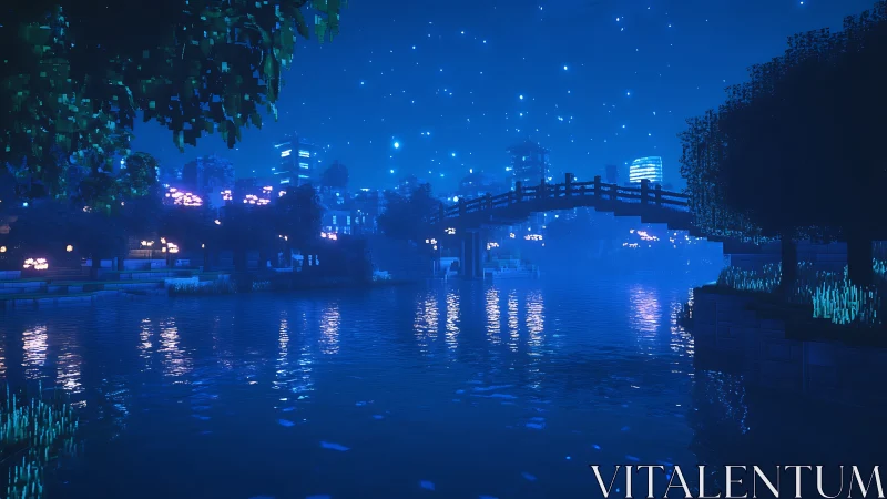 Starlit pixel bridge glows softly above a calm blue river