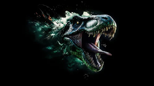 Roaring neon T-Rex bursts from darkness in vivid detail.