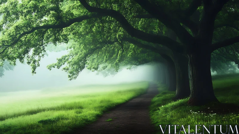 Serene tree-lined path with morning mist in a lush green park.