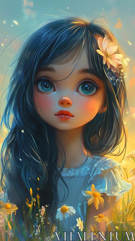 Blue-eyed girl in wildflower field under golden light.