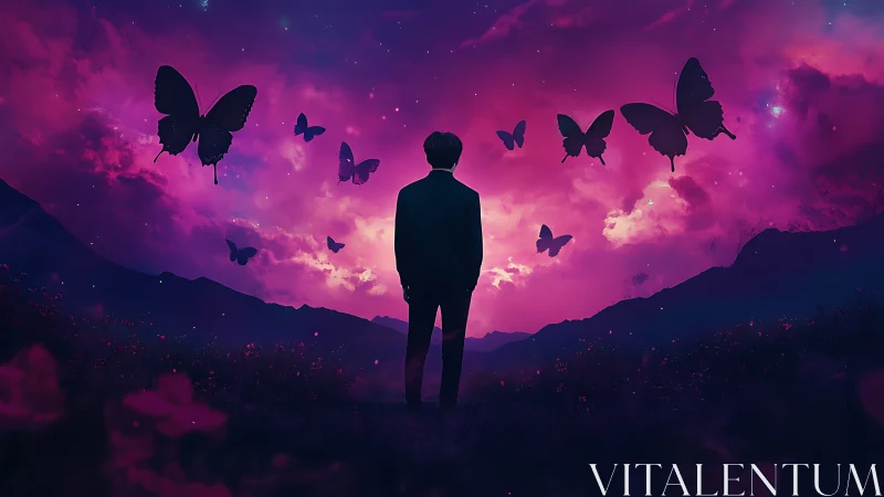 Silhouette facing glowing sky with surreal violet butterflies.