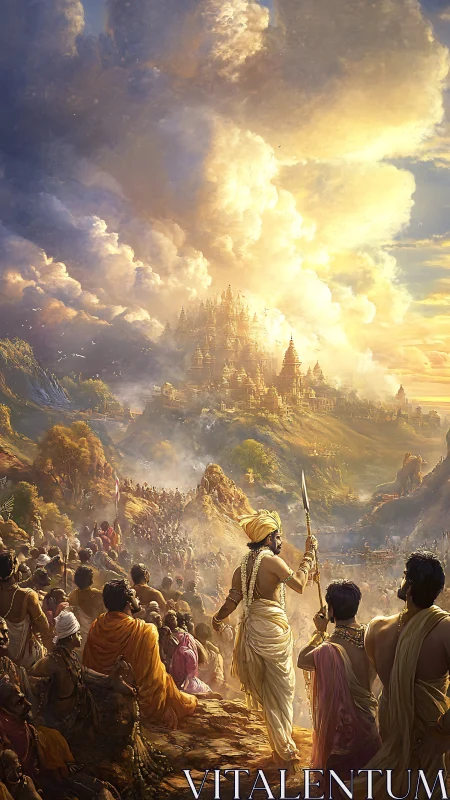 Epic procession toward radiant divine mountain city.