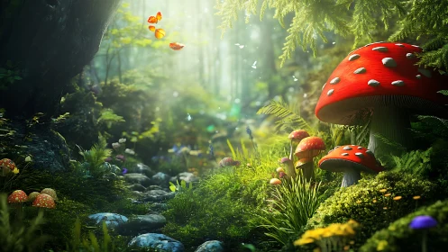 Bright forest path with large red mushrooms and butterflies