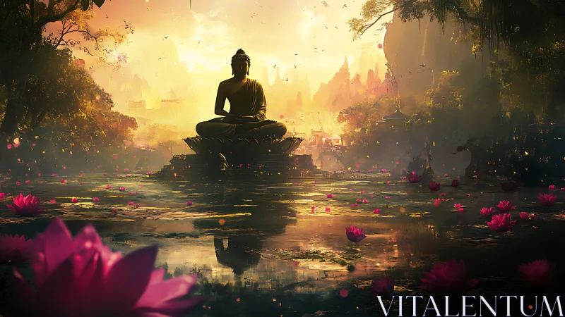 Seated Buddha statue overlooks lotus pond at diffuse sunset light