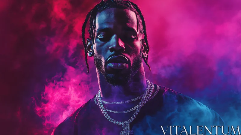 Neon-lit portrait of a calm rapper in vivid pink blue haze.