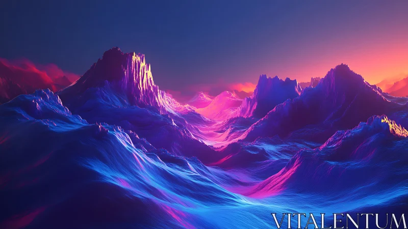 Neon-lit abstract mountains dissolve into a synthetic sunrise