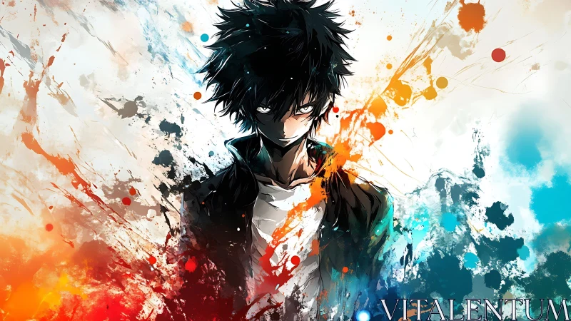 Brooding anime antihero amid explosive chromatic splashes.