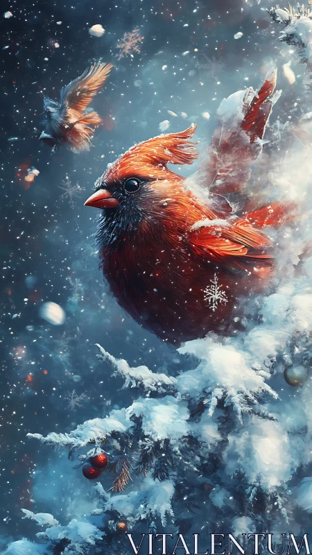 Crimson winter cardinal crowned in drifting starlit snow.
