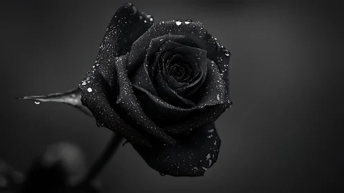Macro analysis of dew-laden black rose under low-key lighting.