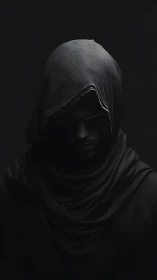 Mysterious hooded figure wrapped in deep shadowed cloth.