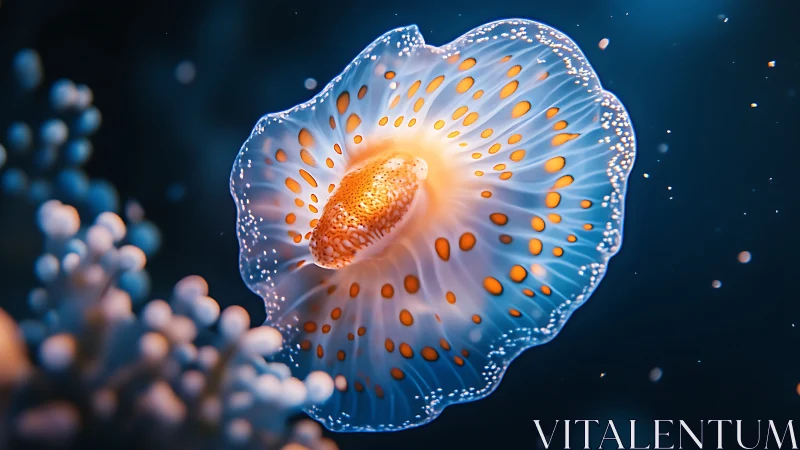 Bioluminescent jellyfish drifts through glowing coral reef