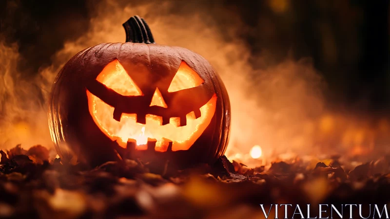 Grinning jack o lantern prowls through ember tinted autumn fog.