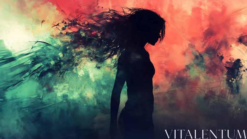 Digital painting silhouette in turbulent dual-color aurora field.