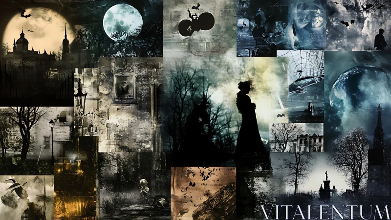 Haunted moonlit cityscapes form a dreamlike gothic collage.