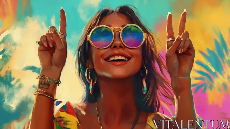 Sun-drenched joy flashes double peace signs in neon skies