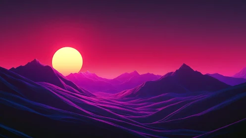 Neon sun melts over synthwave valleys and violet ridges.