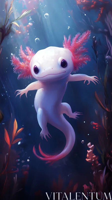 Whimsical axolotl gliding through luminous aquatic garden.
