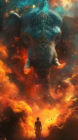 Mythic elephant deity in celestial firestorm digital painting.