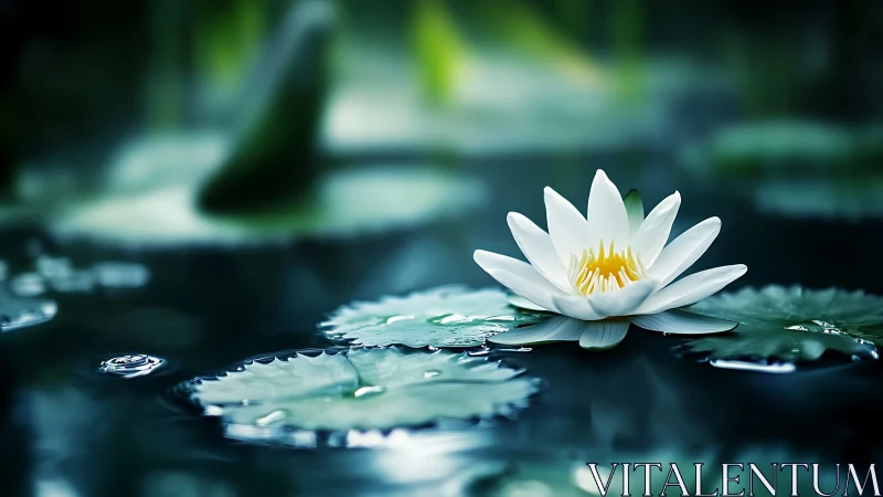 White water lily on dark pond with ripples and foliage.