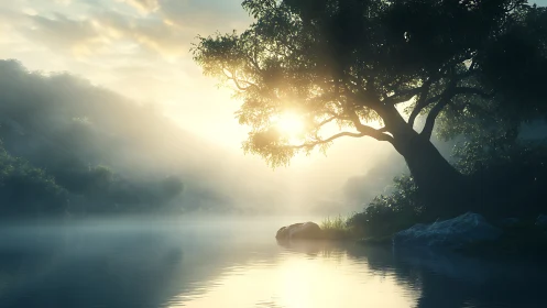 Morning mist curls as riverlight crowns the leaning tree