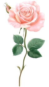 Soft pink rose stem illustration on white background.