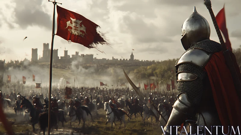 Armored commander surveying large-scale medieval battlefield.