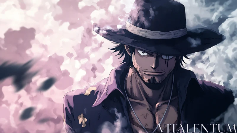 Hat-wearing anime character stands in drifting cloud backdrop