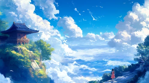 Sky path to cliffside temple above a boundless cloud sea.