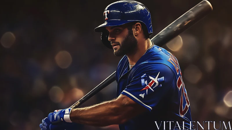 Baseball player in blue uniform preparing to swing bat.