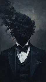 Headless suited figure with dark swirling abstract form.