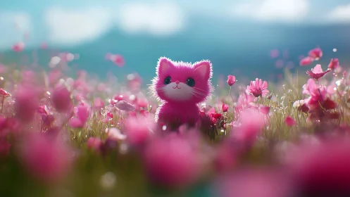 Adorable Pink Kitten in a Dreamy Field of Flowers.