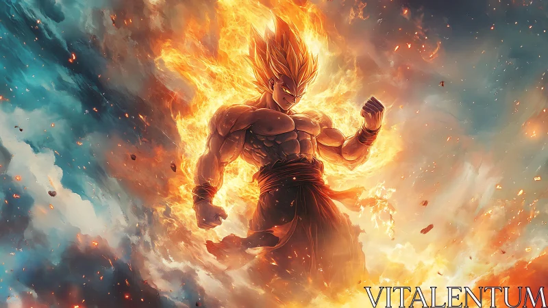 Fiery muscular figure in midair amid clouds and embers.