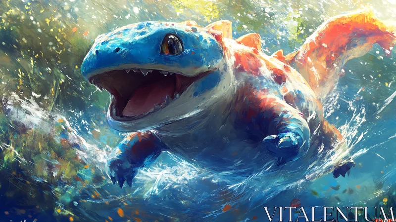 Energetic blue reptile diving through splashing water.