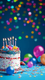 Celebration in Bloom: Candlelit Birthday Cake Surrounded by Chromatic Joy