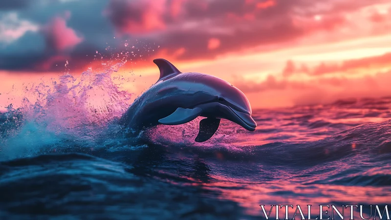 Sunset-splashed dolphin vaulting through neon-tinted waves.
