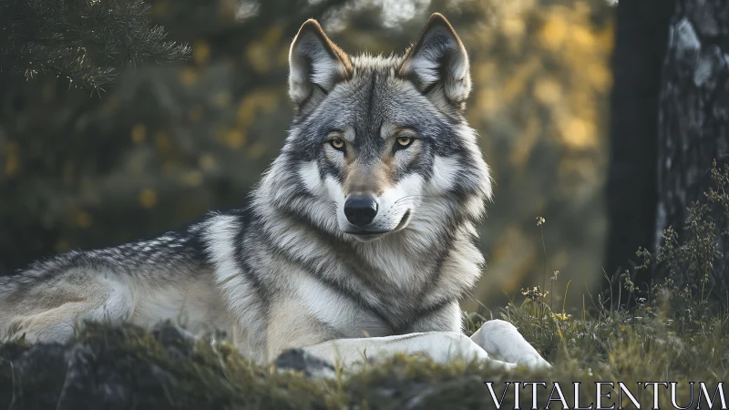 Calm gray wolf resting in soft forest evening light.