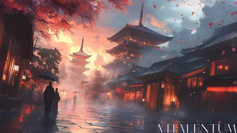 Mist-shrouded pagoda street glows under fiery sunset sky.