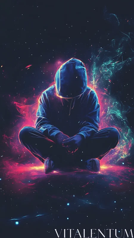 Hooded figure sits cross-legged in neon cosmic glow