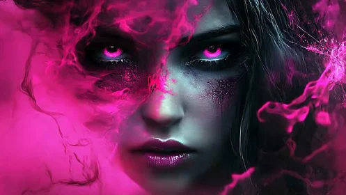 Intense female face in vivid pink mystical smoke glow.