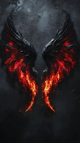 Fiery black wings burning against dark textured background.