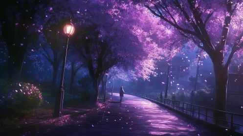 Purple-lit riverside path under blooming cherry trees.