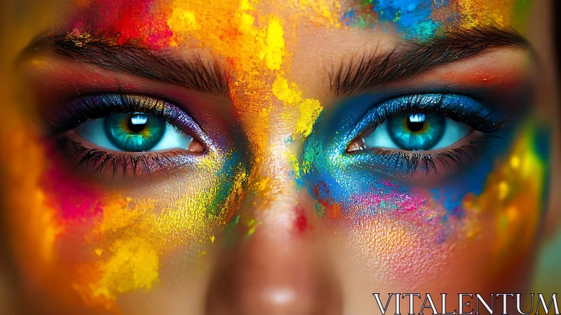 Radiant eyes framed in bold splashes of festival color.