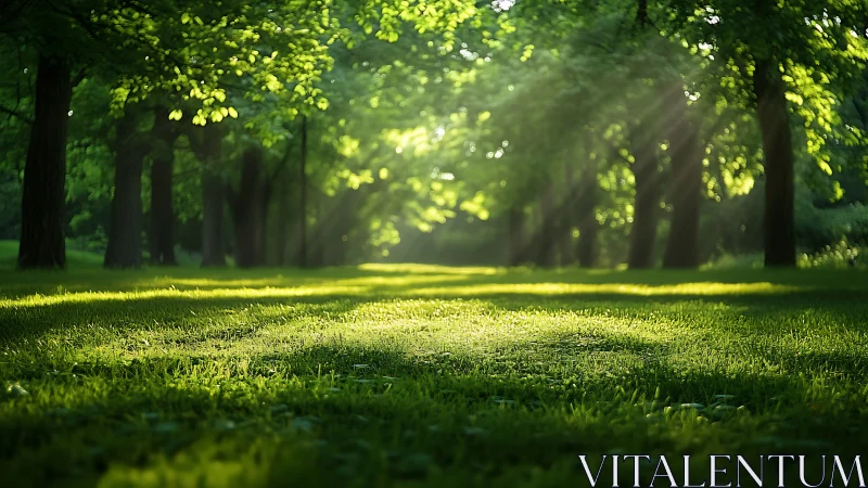 Sunlit forest glade captures low-angle rays across verdant lawn