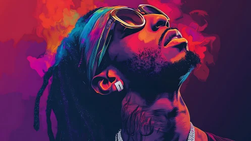 Neon-lit portrait of man in sunglasses with smoke plumes.