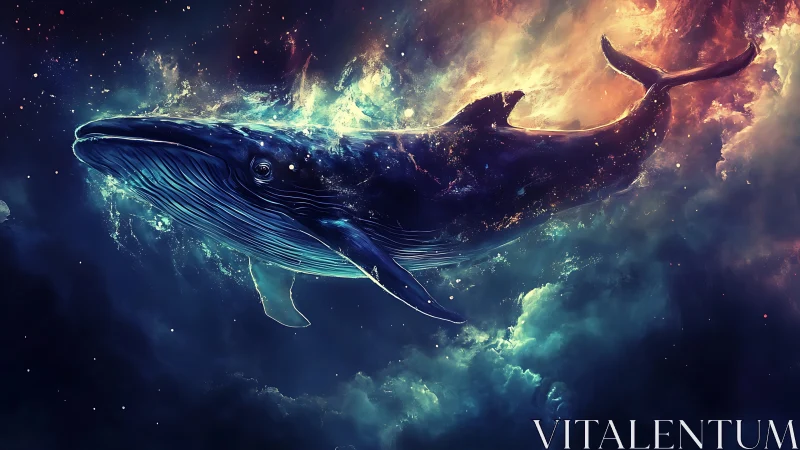 Celestial whale glides through nebular cosmos in radiant light.