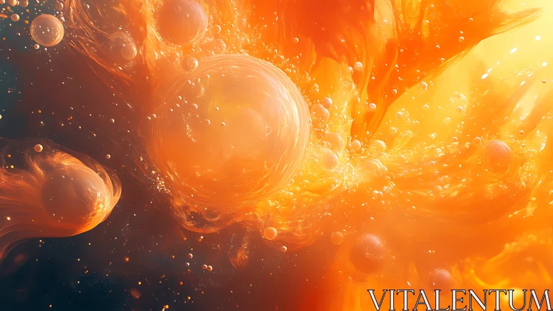 Rendered luminous spheres are suspended in turbulent orange plasma