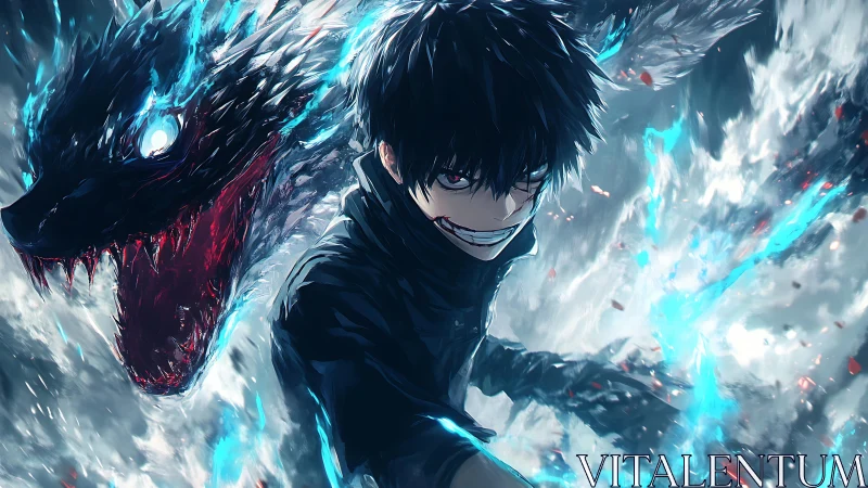 Dark summoner unleashes spectral dragon in storm fury.